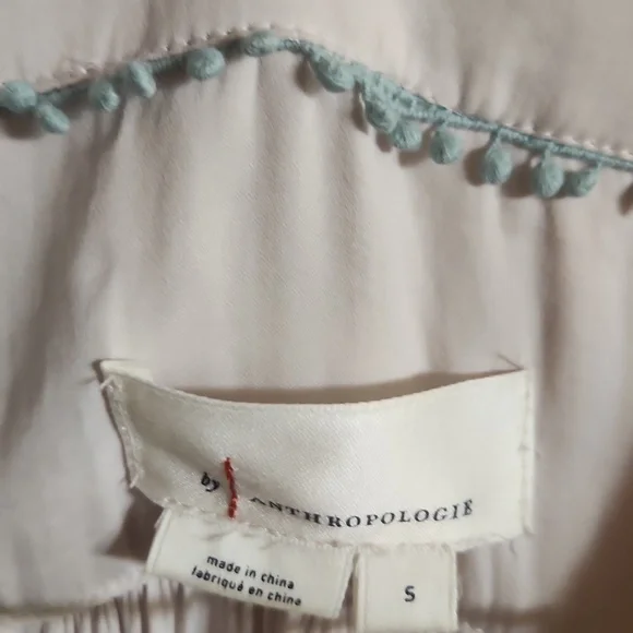 Anthropologie Tie Blouse Cream Beige Smocked Waist Size Small - Picture 4 of 6